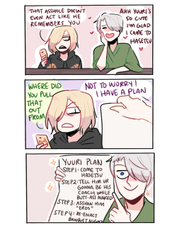 randomsplashes:  randomsplashes:consider this: victor totally made up a plan before coming to japan so he could woo yuuri (and pulls it out of his ass to show yurio)  bonus: looks like his plan worked after all