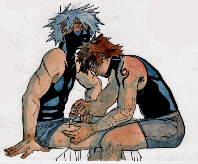 ink and watercolor painting of Yamato giving Kakashi an IM (intramuscular) injection of testosterone in his thigh. The background is mostly white and barely detailed, but they're both sitting, knees overlapping. Yamato is squeezing a section of Kakashi's thigh and inserting the needle with a focus, serious expression on his face. Kakashi is leaning back, watching Yamato with some fondness as Yamato does this. On Yamato's thigh, there's a small blue bandaid from where Kakashi injected Yamato's testosterone.