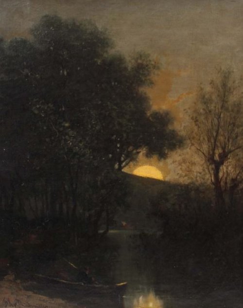 poboh: Angler bei Nacht am Seeufer / Fishing at Night on the lake shore, Franz Xaver von Riedmü
