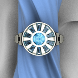goddamnhella-deactivated2015060:  Arc Reactor Ring by Art &amp; GemsTarnish resistant Sterling Silver set with Blue Topaz round and custom tapered baguettes. The band has a tapered notched design inspired by the design on the Iron Man suit. Prices start