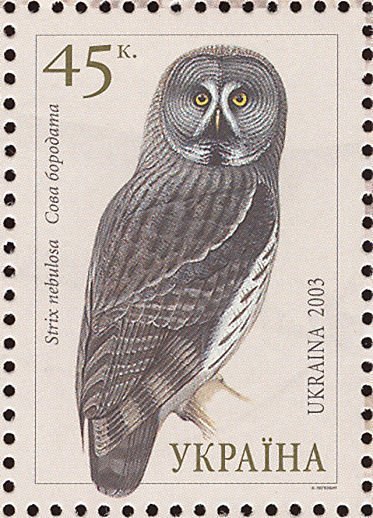 stamp-it-to-me:three 2003 Ukrainian stamps from a series on owls[id: three postage stamps, all with 