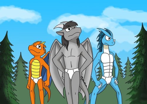 Sprucehammer’s part of an art trade involving Dorky deciding to undie hike with some others. it’s way too hot to trek a forest in clothes anyway.