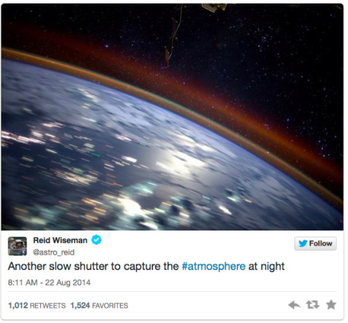 micdotcom:  joseinappropriate:micdotcom:  55 Twitter photos from space that will fill you with ethereal wonder Reid Wiseman is a national treasure. Follow micdotcom    But for real though what’s the green light outside the city? That’s some gatsby