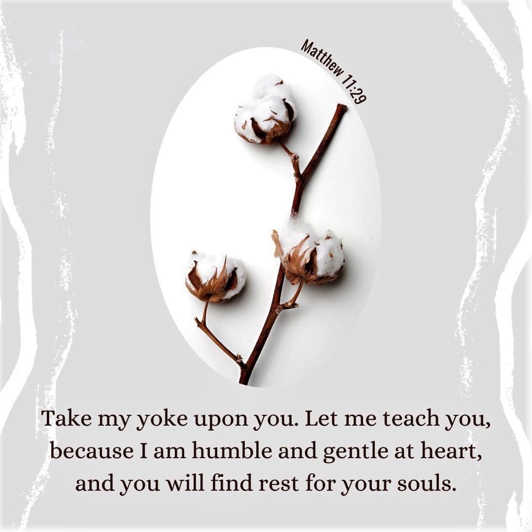 Matthew 11:29 (NLT) - Take My yoke upon you. Let Me teach you, because I am humble and gentle at heart, and you will find rest for your souls.