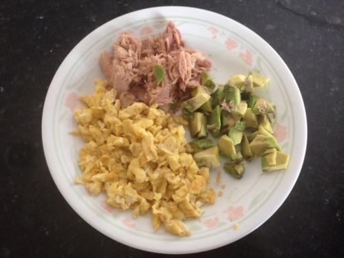Breakfast  Eggs, avocado, and tuna  Just a good breakfast. Avocados are my favorite right now and th