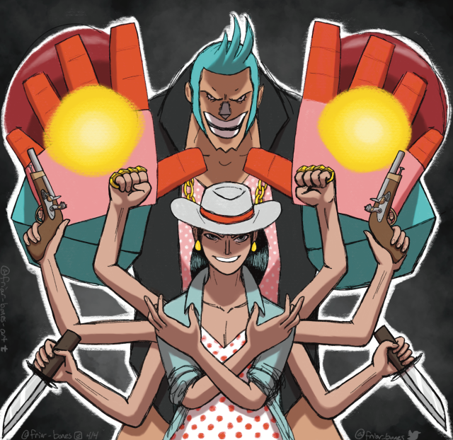 One Piece characters Nico Robin and Cyborg Franky, looking threateningly at the camera, weapons drawn.