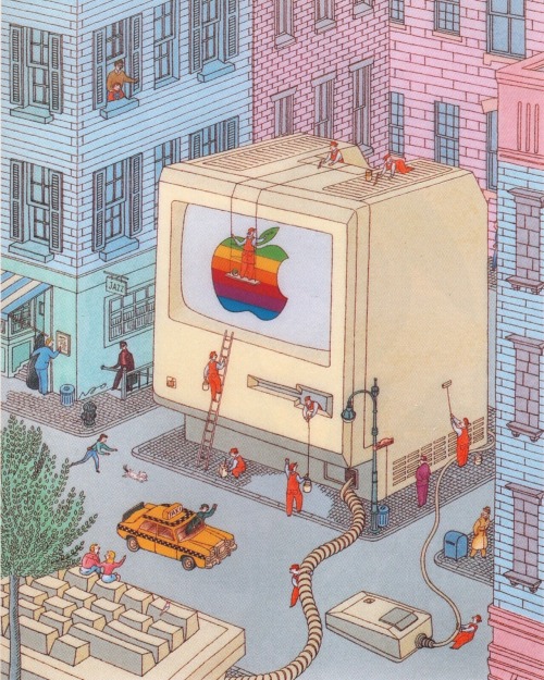 Japanese Macintosh ad circa 1987. This illustration is often credited to Naoyuki Sato (or sometimes 