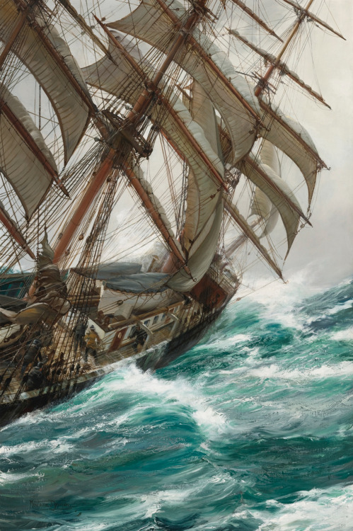 beardbriarandrose:Montague Dawson (1895-1973), Wind in the Rigging, oil on canvas
