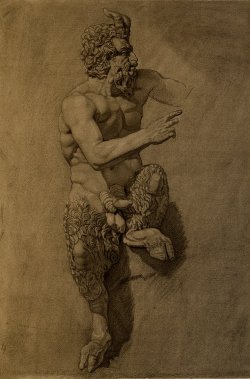   PAN - Detailed charcoal drawing of Pan, patterned after the Hellenistic Greek Marble statue in the Naples National Archaeological Museum, in Naples, Italy. Art by - P. Brad Parker.  