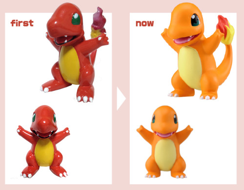 zombiemiki:Original MonColle starter figures (and Pikachu) vs the same figures produced this year.(s