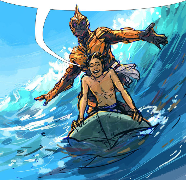Base is Lamaery's fanart of Renarin and Rlain sharing a surfboard, catching a wave in the fandom's Beach AU. Rlain is in "swimform," which involves streamlined carapace; long, powerful limbs; webbed fingers; and a carapace fin atop his head reminiscent of a shark's dorsal fin. Renarin is gangly and skinny and adorable in swim trunks, sitting on the front of the board and laughing with joy as the wind sweeps his hair back. Priscellie has edited it to add a speech bubble from Renarin, so it looks like he is saying the above message.