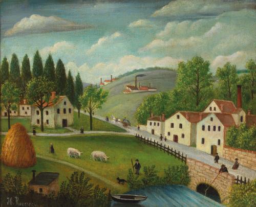 Pastoral Landscape with Stream, Fisherman, and Stroller, Henri Rousseau, between 1875 and 1880