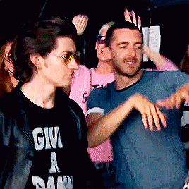 tedystaleva:Alex Turner and Miles Kane dancing side stage to Tame Impala at Glastonbury 2016