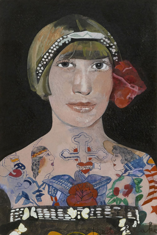 Tattooed Woman II  -   Peter Blake British, b.1932-watercolour, 14.8 x 9.9 cm,Waddington Custot Gall