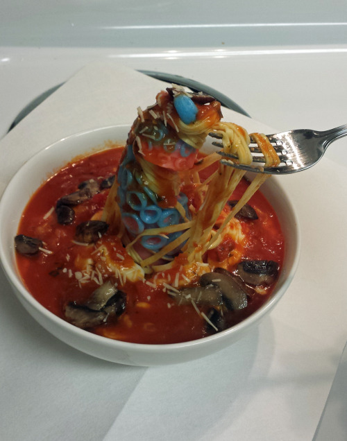 Today’s dish: Pasta with mozzarella strips, marinara/salsa sauce, fried mushrooms, a touch of 