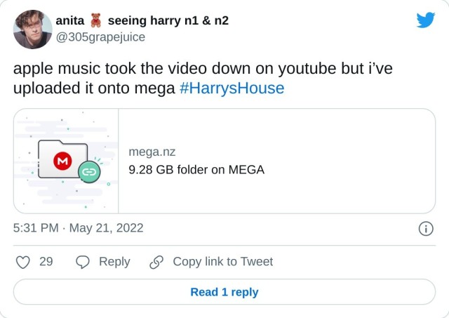 apple music took the video down on youtube but i’ve uploaded it onto mega #HarrysHouse https://t.co/sRnmLlBfq5 — anita seeing harry n1 & n2 (@305grapejuice) May 21, 2022