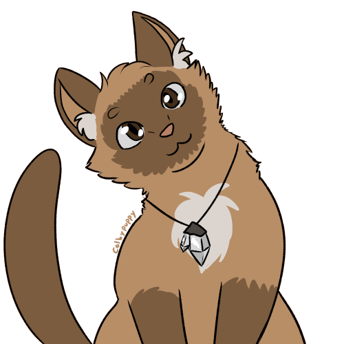 a drawing of Colby. A warm brown mink-patterned not-cat with a white patch on his chest and wearing a white quartz pendant.