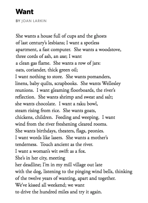 lesbianherstorian:“want” from cold river: poems by joan larkin, october 1997 