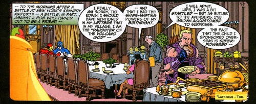 Have fun with all that exposition, I'ma gonna nom this burger. Avengers Vol. 3 #9, October 1998. Col