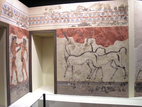 ancientart: Minoan Bronze Age frescos inside Building B, Akrotiri of Thera, of two young boxers and 