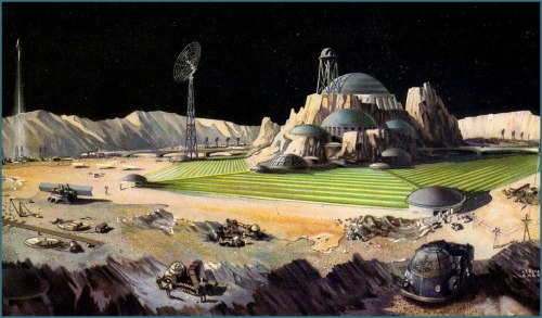 70sscifiart:A lunar base by Leslie Carr