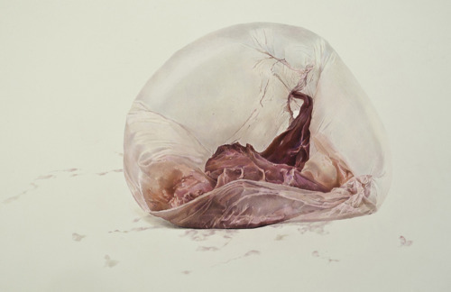 likeafieldmouse:  Julia Randall - Blown (2011-12) - Color pencil on paper Artist’s statement:  “Bubblegum initially connotes innocent, cheeky pleasure, yet the fragile skin of gum also points to the susceptibility of the body, and the dreaded passage