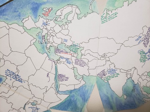 Rearrangeable ink and watercolor Waterman Butterfly map of the world.Ocean has topography (and, one 