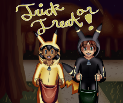 xiaosaiarte: Just noticed of all the years I drew pictures, I never drew anyone trick or treating. Well. Here it is. Ash and Gary Trick or Treating. : D I was gonna draw houses in the background, but I got too drunk and lazy. So they trick or treat in