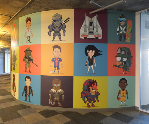xombiedirge:  EA Character Wall Mural by Christopher Lee / Tumblr / Store Artist’s notes: “34′ x 10′ mural highlighting EA’s most successful game properties. This was installed at their global headquarters (Redwood Shores) in Redwood City,