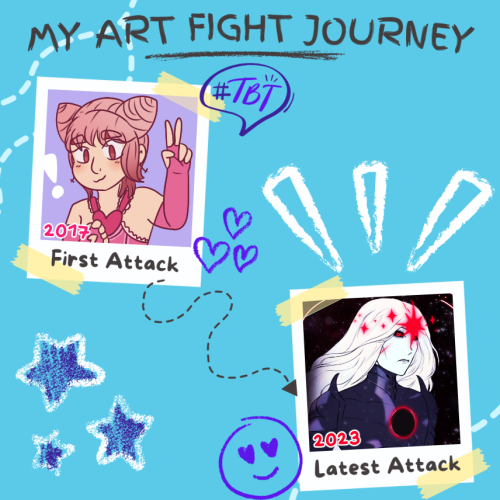 A two photo collage labelled My Art Fight Journey. The first piece, First Attack, is from 2017 and features a feminine man with pink hair buns giving a peace sign. The other piece, Latest Attack, is from 2023 and features a man in space with long flowing white hair, dark reflective armor, and a small black hole in his chest.