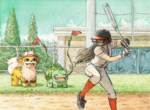 Growlithe and Bulbasaur are giving a big cheer for their star softball player! This was a commission