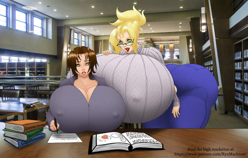 ryu-machinae:  Here’s a pic of my good friend Vicky @breastexpansionistblogger (to the left) trying to study for her medical research on why her and my OC Chelsea (right) are so ridiculously busty! Among other things, haha. Seems Chelsea is curious