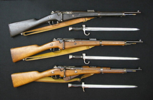 Three French Bertier carbines, late 19th and early 20th century. Top: Mle 1892 Artillery Musketoon M