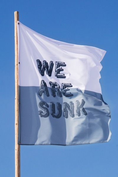 MoreUtopia! is a collective exploring the relevance of utopian thinking today. (Jasmine Johnson, Gareth Owen Lloyd, Kristin Luke, Rachel Pimm, Alice May Williams), we are sunk, we are sunk, we are finished, 2013/2019, CMYK Print on Flag Fabric, 132 x...