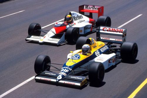 Rough duel… Ayrton Senna (Honda Marlboro McLaren) and Riccardo Patrese (Canon Williams Team) 