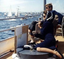 mrsjohnfkennedy:President Kennedy with wife Jacqueline watching the America’s Cup, 1962.