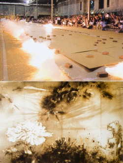 gallowhill:  Cai Guo-Qiang, Odyssey gunpowder drawing, performance [top] x installation view [bottom], at the Museum of Fine Arts, Houston, 2010