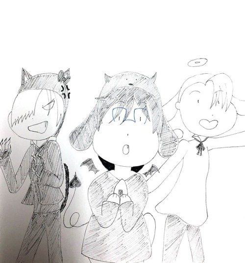 Pochatober Day 31 - Happy HalloweenFrom DemonPocha, AngelPom, and BlackKitty (Yurio: it’s PANT