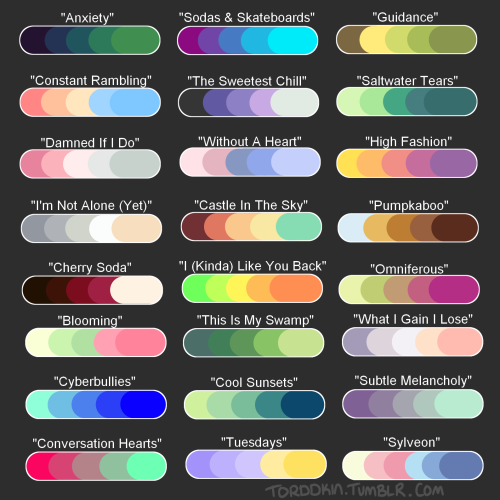torddkin:so i made one of those palette challenge things?? send me a character+a palette name and 