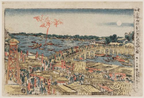 Enjoying the Evening Cool: Viewing Fireworks at Ryogoku Bridge, Hokusai, 1780