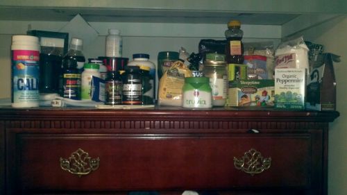Supplements left, private pantry right. Protein powder and personal meat / dairy stash not pictured.