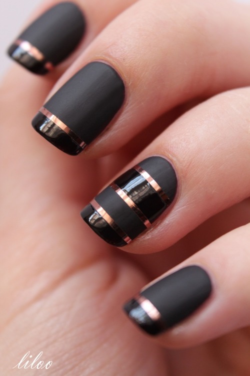 This Matte Black Tape Manicure features blocks of glossy &amp; matte black nail polish sectioned