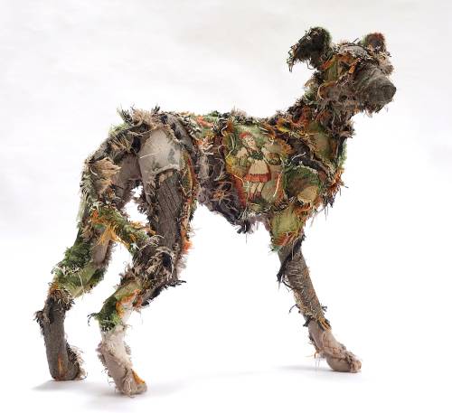 itscolossal:Patchwork Coats with Frayed Fur Add Shaggy Texture to Barbara Franc’s Dog Sculptur