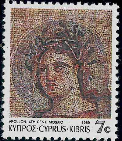 aimee-maroux:Cyprian stamp showing Apollon with a gloriole from a mosaic in the House of Aion in Pap