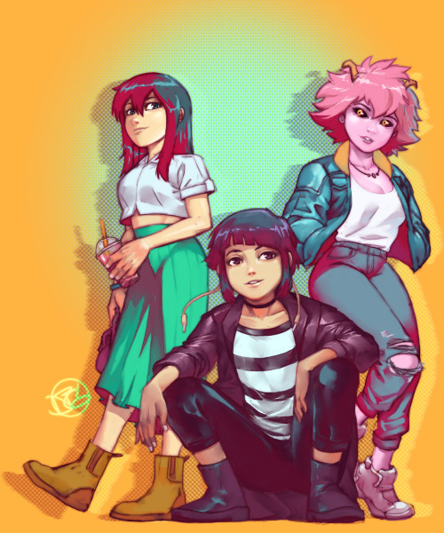 tsuyu, kyoka, and mina chillin’  it’s fun to draw them in casual attire 