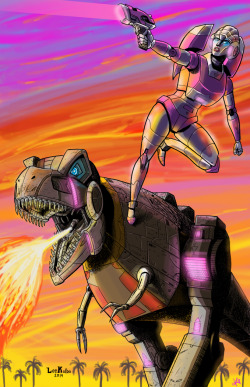 krinsyn:  SUNSET RAMPAAAAGE! G1 Arcee &amp; Grimlock :D Inks by leekalba! See the originals here! These colors by me. Thanks for letting me color your fantastic line art! ^_^b 