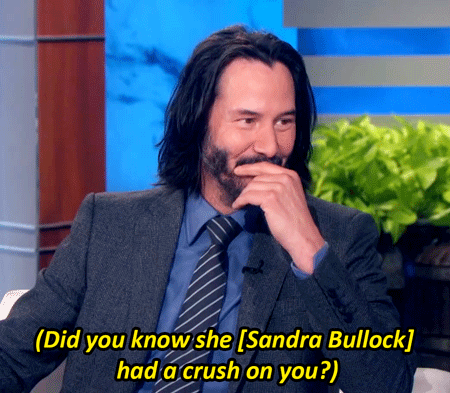 pajamasecrets:Adorable: Keanu Reeves and Sandra Bullock both had crushes on each
