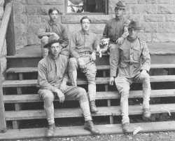 yesterdaysprint:  Five soldiers and a dog, Fort Riley, Kansas, 1908