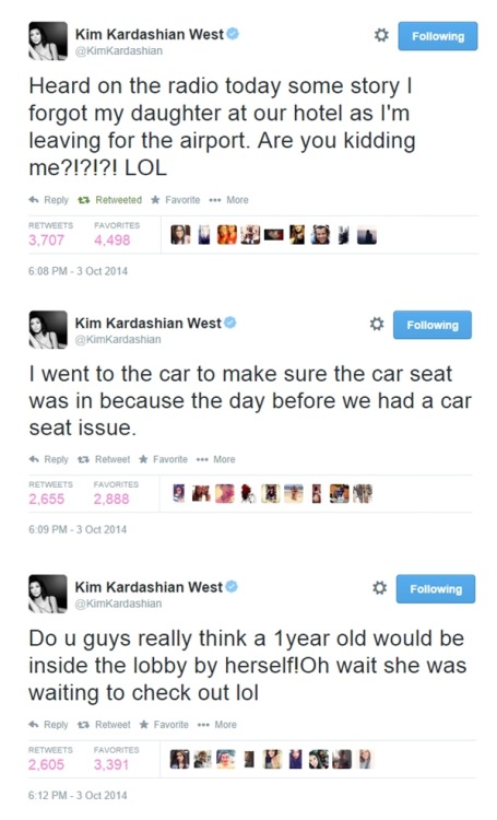 h0odrich: kimkanyekimye: Kim setting straight the rumors that she forgot North at the hotel as she l