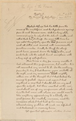 mugenmine:  The first manuscript page from Sir Arthur Conan Doyle’s second Sherlock Holmes story is returning to London after an absence of more than a century. The handwritten manuscript from The Sign of Four in 1889 is said to be one of the rarest
